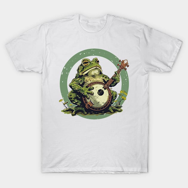 Retro Goblincore Cute Frog Playing His Acoustic Guitar Frog Lover T-Shirt by RetroZin